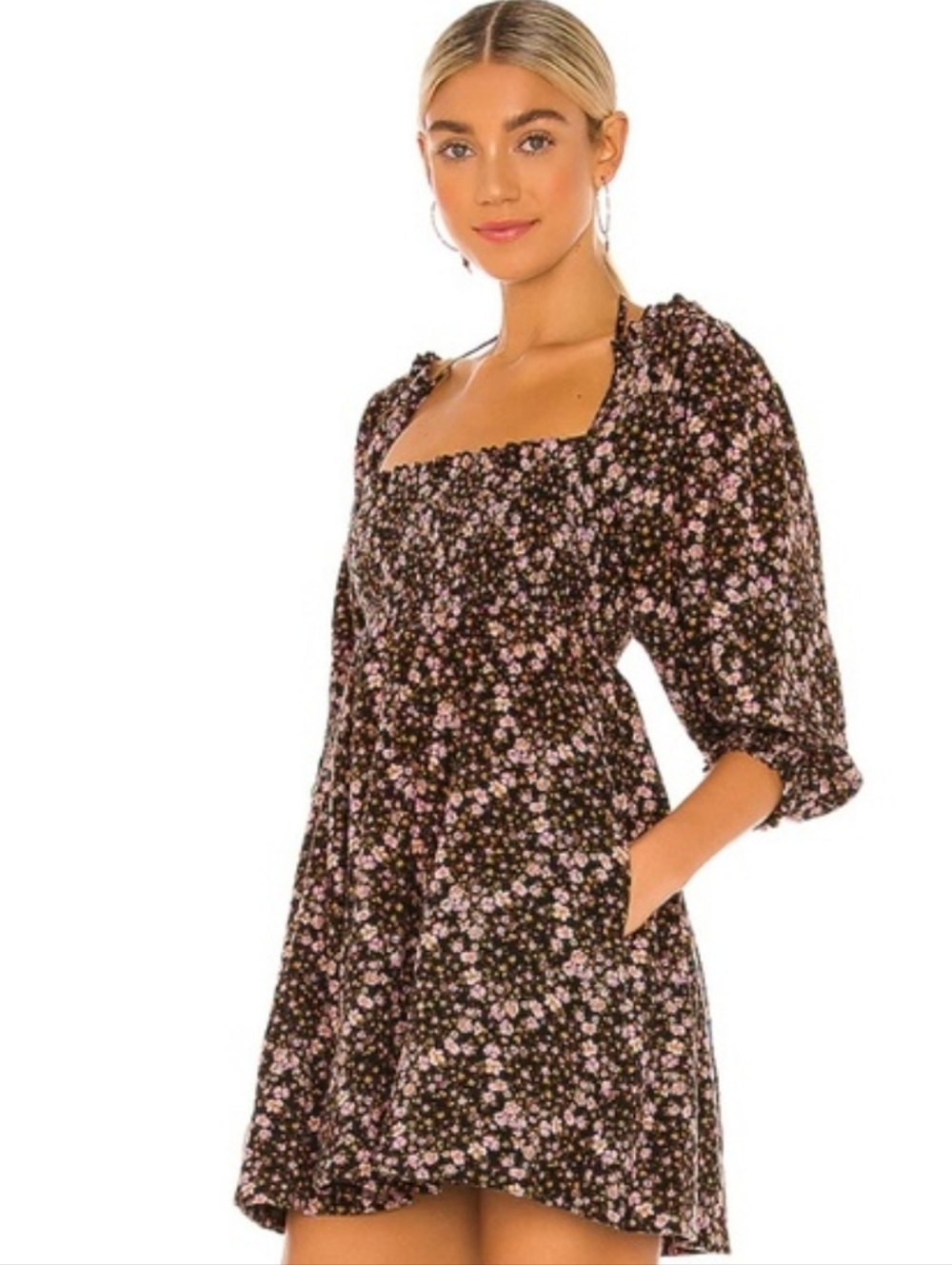 Free People This is Everything Black Floral Babydoll Smocked Tie Mini Dress